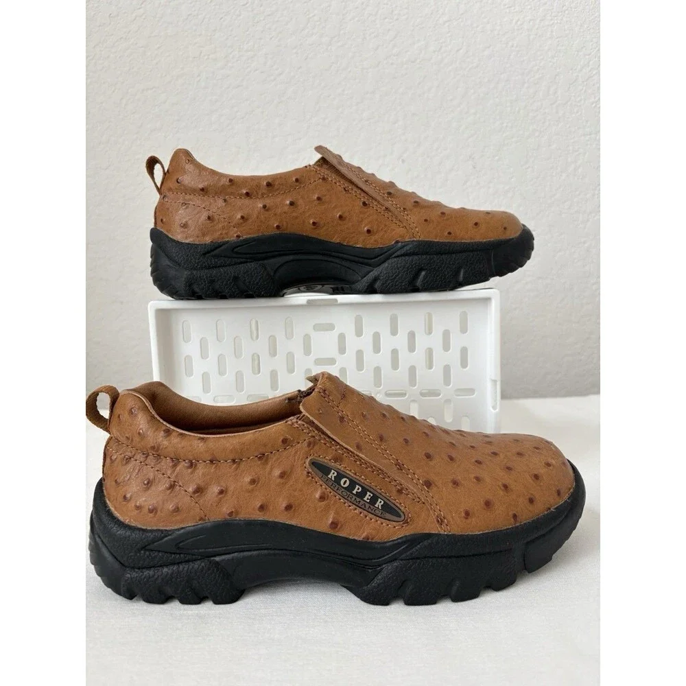 Roper Cotter Ostrich Print Slip-on Casual Shoes Men’s Size 7.5 Tan Rugged Charm